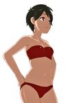  bikini black_eyes black_hair breasts cleavage collarbone cowboy_shot hands_on_hips kantai_collection mogami_(kantai_collection) navel ojipon protected_link red_bikini short_hair simple_background small_breasts solo swimsuit very_short_hair white_background 