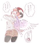  :d animal_ears bird_wings from_behind hat kirisame_marisa legwear_under_shorts long_sleeves looking_at_viewer meme_attire mitsumoto_jouji mystia_lorelei open-chest_sweater open_mouth pantyhose purple_eyes red_hair ribbed_sweater round_teeth shorts smile solo sweater teeth touhou translated wardrobe_error wings you're_doing_it_wrong 