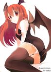  arm_support bad_id bad_pixiv_id bat_wings blouse dress dress_shirt hair_between_eyes head_wings koakuma long_hair lying on_side open_mouth panties red_eyes red_hair shallon shirt simple_background skirt skirt_set solo thighhighs touhou underwear white_blouse white_panties wings 