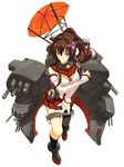  between_fingers black_legwear brown_hair cherry_blossoms commentary_request detached_sleeves full_body hair_intakes holding holding_umbrella kantai_collection long_hair long_sleeves machinery miniskirt orange_eyes oriental_umbrella pleated_skirt ponytail red_skirt shirubaburu simple_background single_thighhigh skirt sleeves_past_wrists solo thigh_strap thighhighs umbrella white_background yamato_(kantai_collection) 