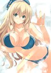  against_glass atago_(kantai_collection) bikini blonde_hair blue_bikini blush breast_press breasts breasts_on_glass collarbone green_eyes hat highres jijii48 kantai_collection large_breasts long_hair looking_at_viewer navel smile solo swimsuit 
