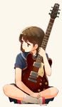  brown_eyes brown_hair dated full_body guitar indian_style instrument looking_to_the_side mouth_hold nagian plectrum school_uniform serafuku shoes simple_background sitting socks solo uwabaki white_legwear 