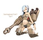  bare_shoulders blue_hair bracelet cannon caterpillar_tracks character_name gun headset high_heels jewelry kneeling long_hair mecha_musume nano navel original parted_lips personification red_eyes ringed_eyes smile solo tank_turret tiger_i_(personification) weapon world_war_ii 