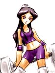  1girl black_hair looking_at_viewer mandy_(totally_spies) ponytail purple_eyes simple_background sports_bra totally_spies weight 