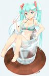  :q aqua_eyes aqua_hair barefoot bikini breasts cleavage cup dated drinking_glass drinking_straw full_body hair_ribbon hatsune_miku in_container in_cup long_hair medium_breasts minigirl nagian oversized_object partially_submerged ribbon solo swimsuit tongue tongue_out vocaloid 