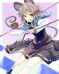  animal_ears basket capelet dowsing_rod gem grey_hair highres ishikkoro jewelry long_sleeves looking_at_viewer mouse mouse_ears mouse_tail nazrin neckerchief open_mouth pendant red_eyes shirt skirt skirt_set smile solo tail touhou vest 