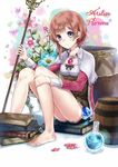  atelier_(series) atelier_rorona barefoot barrel blue_eyes blush book bow brown_hair bug butterfly cauldron character_name copyright_name feet flask flower hand_on_own_knee highres holding insect jewelry legs looking_at_viewer no_hat no_headwear pendant petals potion rororina_fryxell round-bottom_flask short_hair_with_long_locks sitting smile solo staff taked 