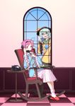  bow chair checkered checkered_floor eyeball green_eyes green_hair hairband hat hat_bow heart heart_of_string komeiji_koishi komeiji_satori kumadano long_sleeves looking_at_viewer multiple_girls open_mouth phone pink_eyes pink_hair rocking_chair shirt short_hair siblings sisters sitting skirt slippers smile socks string third_eye touhou white_legwear wide_sleeves window 