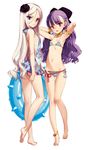  anklet armlet armpits arms_up ass ass_visible_through_thighs bangs bare_legs barefoot bikini blue_eyes bow breasts eiyuu_senki flat_chest flower from_behind full_body gawain_(eiyuu_senki) hair_between_eyes hair_bow hair_flower hair_ornament half_updo halterneck highres innertube jewelry long_legs looking_back multiple_girls one-piece_swimsuit ooyari_ashito parted_bangs parted_lips purple_hair red_eyes scan side-tie_bikini simple_background slim_legs small_breasts smile standing string_bikini swimsuit vlad_tepes_(eiyuu_senki) white_background white_hair 