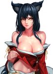  ahri animal_ears bare_shoulders black_hair breasts cleavage daeho_cha facial_mark fox_ears highres korean_clothes large_breasts league_of_legends lips long_hair looking_at_viewer low_neckline midriff navel shirt_lift simple_background slit_pupils solo whisker_markings white_background yellow_eyes 