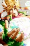  blonde_hair bubble caesar_anthonio_zeppeli facial_mark feathers fingerless_gloves gloves green_eyes green_jacket hair_feathers headband imaru_(yashiro19950425) jacket jojo_no_kimyou_na_bouken male_focus solo 