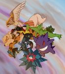  arcanine baseball_cap black_hair dante_redstone gengar gradient gradient_background hat lucario nintendo pidgeot pokemon pokemon_(game) sceptile starmie 