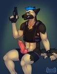  2015 anthro canine clothing dog erection fur german_shepherd gun hair kadohusky looking_at_viewer male mammal muscles penis ranged_weapon smile underwear weapon 