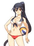  abo_(hechouchou) ball beachball bikini black_hair breasts cleavage collarbone contrapposto hand_on_hip kantai_collection long_hair medium_breasts navel ponytail red_eyes smile solo standing swimsuit transparent_background very_long_hair yahagi_(kantai_collection) 