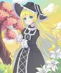  absurdres blonde_hair chin_strap day dress flower gosick gothic_lolita green_eyes hat highres holding holding_pipe l4no lily_(flower) lolita_fashion long_hair looking_at_viewer pipe sky solo tree victorica_de_blois 