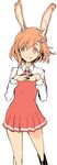  animal_ears bunny_ears bunny_hair_ornament cameo copyright_request dress hair_ornament homare_(homaredai) long_sleeves my_melody onegai_my_melody orange_eyes orange_hair pink_ribbon red_dress ribbon short_hair simple_background smile solo white_background 