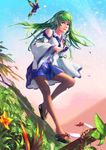  bird detached_sleeves expressionless flower folded_leg frog_hair_ornament grass green_eyes green_hair hair_ornament highres hill kochiya_sanae leaf lips long_hair looking_at_viewer petals polskash rope sandals shimenawa skirt snake_hair_ornament solo touhou tree_branch twilight wind 