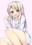  asa_no_ha bare_legs blush fate/stay_night fate_(series) highres illyasviel_von_einzbern legs long_hair naked_shirt pink_background red_eyes shirt simple_background smile solo white_hair 