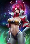  banned_artist breasts cleavage gloves hair_ornament hair_stick hand_on_hip large_breasts light_smile lips long_hair looking_at_viewer midriff navel paul_kwon pink_hair ponytail solo tengen_toppa_gurren_lagann white_gloves yoko_littner 