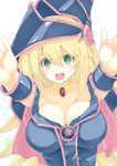  bare_shoulders blonde_hair blush breasts cleavage dark_magician_girl duel_monster green_eyes hat highres incoming_hug jijii48 large_breasts long_hair open_mouth pentacle smile solo white_background wizard_hat yuu-gi-ou yuu-gi-ou_duel_monsters 