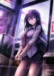  bag black_hair bra brown_eyes contrapposto hair_between_eyes long_hair necktie original parted_lips pleated_skirt rain school_bag school_uniform see-through shoulder_bag skirt solo standing suien underwear wet wet_clothes wringing_clothes wringing_skirt 