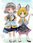  alternate_color animal_ears blonde_hair capelet color_switch green_eyes grey_hair hand_on_hip highres jewelry mary_janes mizuhashi_parsee mouse_ears mouse_tail multiple_girls nazrin pendant piyo_(piyoko528) pointy_ears red_eyes shoes skirt sweatdrop tail touhou traditional_media watercolor_(medium) 