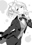  ayase_eli bad_id bad_pixiv_id boutonniere bow bowtie clenched_hand frilled_shirt_collar frills greyscale hair_bow long_sleeves looking_at_viewer love_live! love_live!_school_idol_project monochrome ponytail smile solo tuxedo yomotsuka_tsukasa 