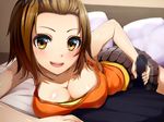  1girl bed blush breast_press breasts brown_hair censored cleavage dmm drive_on_requesta erect_nipples game_cg handjob highres invisible_man large_breasts looking_at_viewer lying mosaic_censoring on_stomach open_mouth orange_eyes penis pillow short_hair skirt smile solo_focus 