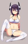  :o bikini blush breasts cleavage full_body gomashi_(goma) hair_between_eyes headgear highres kantai_collection large_breasts navel no_shoes purple_hair short_hair simple_background sitting solo swimsuit tankini tenryuu_(kantai_collection) thighhighs white_bikini white_legwear yellow_eyes 