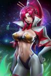  abs breasts cleavage female gradient gradient_background hand_on_hip high_collar high_ponytail large_breasts long_hair looking_at_viewer midriff navel paul_kwon ponytail red_hair solo space star_(sky) stomach tengen_toppa_gurren_lagann toned white_gloves yellow_eyes yoko_littner 