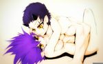  1girl black_eyes dead_(inhabituels) inha inhabituels inhabituels_estudios nude pointy_ears purple_hair shirtless short_hair slit_pupils yellow_sclera 