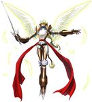  blonde_hair brown_armor digimon digimon_story:_cyber_sleuth duftmon feathers green_eyes holding holding_sword holding_weapon joints monster no_humans official_art red_sash sash shoulder_pads simple_background sword tail weapon white_background white_wings wings yasuda_suzuhito 