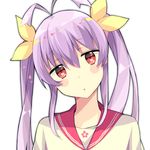  antenna_hair bangs blush blush_stickers commentary eyebrows_visible_through_hair hair_between_eyes hair_ribbon head_tilt heart heart-shaped_pupils long_hair looking_at_viewer miyauchi_renge moripomera non_non_biyori open_mouth purple_hair red_eyes ribbon school_uniform simple_background solo symbol-shaped_pupils triangle_mouth twintails upper_body white_background 