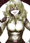  1girl absurdres archvermin bangs belt black_gloves bodysuit boku_no_hero_academia domino_mask fingerless_gloves gloves green_hair grin hair_between_eyes hand_on_hip hand_up head_tilt highres holding holding_hair lips long_hair long_sleeves looking_at_viewer mask sharp_teeth smile solo teeth tokage_setsuna turtleneck upper_body 