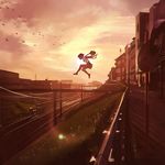  bag bird chromatic_aberration cloud flock guard_rail ilya_kuvshinov jumping lens_flare original railroad_tracks real_world_location road road_sign school_bag school_uniform short_hair short_sleeves sign sky solo sunset traffic_mirror yokohama 