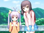  :d antenna_hair arisu_kazumi backpack bag black_hair blush brown_eyes collarbone day frilled_skirt frills hair_ribbon highres ichijou_hotaru long_hair long_sleeves looking_at_viewer miyauchi_renge mountain multiple_girls non_non_biyori open_mouth outdoors purple_eyes purple_hair railing randoseru ribbon skirt smile triangle_mouth twintails 