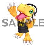  agumon apron black_apron cel_shading claws creature digimon digimon_story:_cyber_sleuth game_model green_eyes headphones highres no_humans official_art open_mouth sample teeth tongue tower_records watermark 