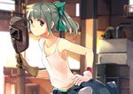  bangs bare_arms bare_shoulders bow brown_eyes chemise collarbone commentary_request gloves grey_hair hair_bow hao_(patinnko) kantai_collection looking_at_viewer no_bra ponytail solo welding_mask white_gloves yuubari_(kantai_collection) 