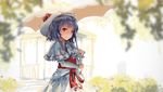  capelet curiosities_of_lotus_asia dress hat highres holding holding_umbrella lavender_hair long_sleeves looking_at_viewer mob_cap newnand no_wings outdoors red_eyes remilia_scarlet short_hair smile solo touhou umbrella white_dress 