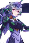  bad_id bad_pixiv_id bodysuit breasts covered_navel eva_01 headgear large_breasts looking_at_viewer mecha_musume neon_genesis_evangelion personification pink_eyes short_hair silver_hair skin_tight smile solo vuccha white_background 