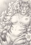  2015 anthro breasts claws ear_piercing feline female flower fur mammal nipples nude pawpads paws piercing pinup plant portrait pose pussy rukis sketch solo striped_body tiger 
