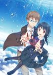  1girl afloat black_hair blue_eyes blurry brown_hair cat's_cradle day depth_of_field glasses highres necktie open_mouth original pantyhose red_eyes school_uniform semi-rimless_eyewear short_hair sky smile underwater yuuri_nayuta 