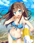  :d ange_vierge beach bikini blue_bikini blue_eyes blush breasts brown_hair cleavage contrapposto cowboy_shot day front-tie_top hair_ornament hairclip hinata_miumi innertube kantoku lens_flare long_hair looking_at_viewer medium_breasts open_mouth outdoors sidelocks smile solo standing strap_pull striped striped_bikini swimsuit two_side_up 