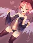  animal_ears ayagi_daifuku babydoll bare_shoulders bird_wings blush bow breath brown_legwear chemise dutch_angle fang gradient gradient_background hat heart lingerie looking_at_viewer midriff mystia_lorelei navel open_mouth panties pink_eyes pink_hair see-through short_hair signature smile solo thighhighs touhou underwear wings 