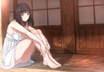  black_hair breasts brown_eyes cleavage dress knees_up looking_at_viewer medium_breasts mole mole_under_mouth original panties pantyshot pantyshot_(sitting) porch sitting solo tsukino_wagamo underwear white_dress white_panties 