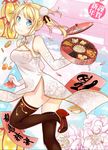  blonde_hair calligraphy cherry_blossoms china_dress chinese chinese_clothes chinese_new_year coin double_bun dress elbow_gloves food gloves highres jacob_dream_world long_hair new_year original solo thighhighs twintails 