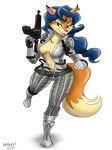  2015 beauty_mark blue_hair breasts brown_eyes canine carmelita_fox cleavage clothed clothing cosplay ear_piercing female fox fur gun hair heresy_(artist) knife lipstick looking_at_viewer mammal metal_gear metal_gear_solid_3 orange_fur piercing ranged_weapon signature sly_cooper_(series) smile solo the_boss video_games weapon 