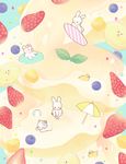  bad_pixiv_id beach_umbrella bear bird blue_background blueberry bunny cat commentary_request food fruit goggles goggles_on_head innertube no_humans original pancake r. strawberry umbrella 