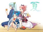  alternate_hairstyle blue_eyes blue_hair eating fan food fruit green_eyes hair_bobbles hair_ornament hairclip heterochromia japanese_clothes kousetsu_samonji male_focus multiple_boys nightcat paper_fan pink_hair ponytail sayo_samonji sitting souza_samonji touken_ranbu translated uchiwa watermelon 