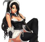  :q bangs black_legwear boots breasts cleavage cleavage_cutout corset daeho_cha earrings facial_mark french_maid_nidalee green_eyes highres jewelry large_breasts league_of_legends long_hair looking_at_viewer maid_headdress nidalee polearm ponytail sitting smile solo swept_bangs thigh_boots thighhighs tongue tongue_out unfinished weapon wrist_cuffs 